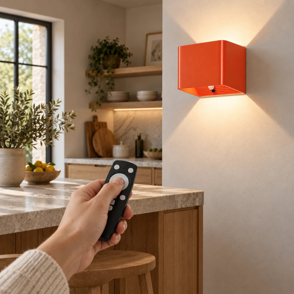 Télécommande de l'applique murale orange dans une cuisine