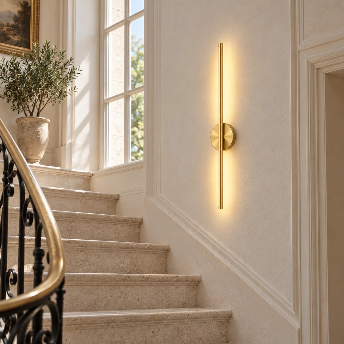 Applique murale dorée sans fil dans un escalier