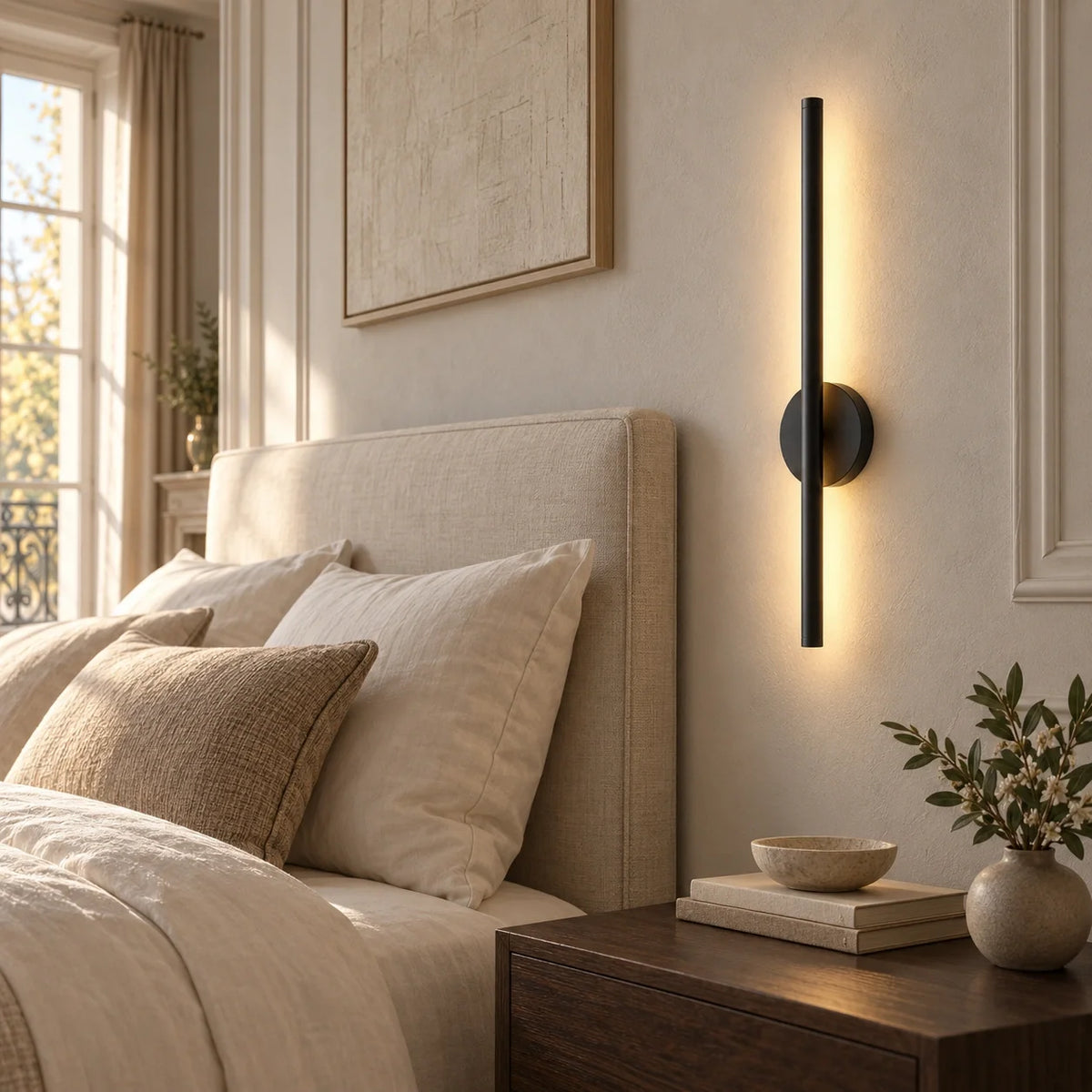 Applique murale sans fil noire dans une chambre