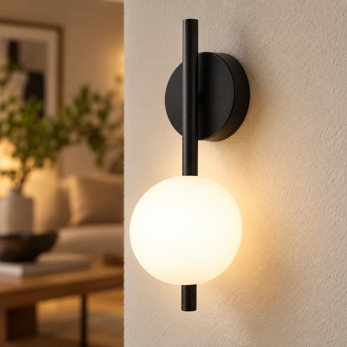 Détail de l'applique rechargeable noire en verre et métal