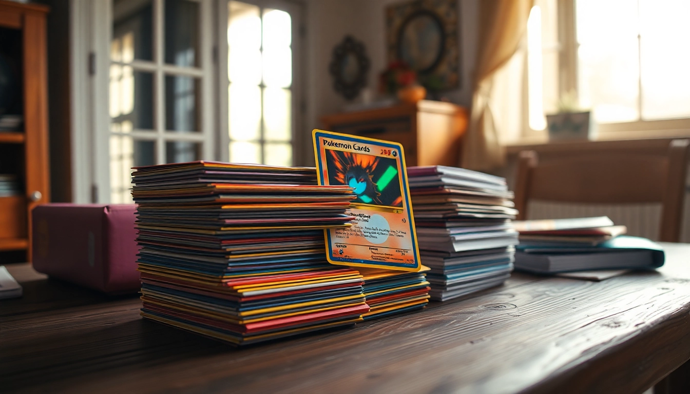 Display real Pokemon cards beautifully arranged on a rustic table, showcasing vibrant colors and details.
