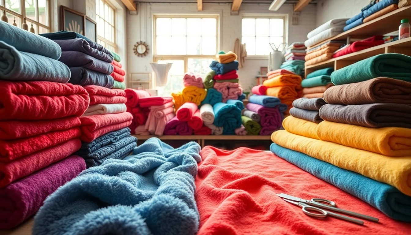 Fleece fabric showcased in a vibrant workshop with sewing tools and colorful samples.
