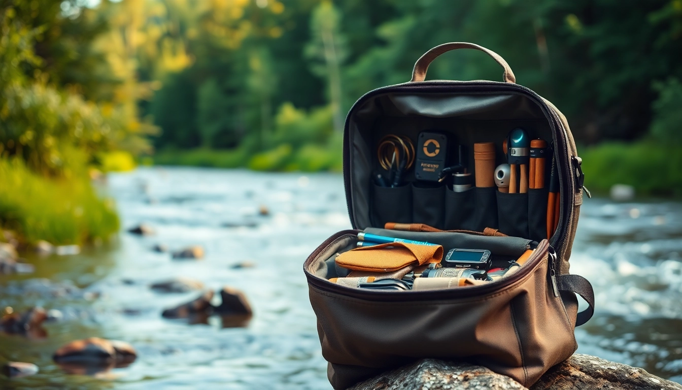 Showcasing a fly fishing bag with organized gear in a scenic river setting.